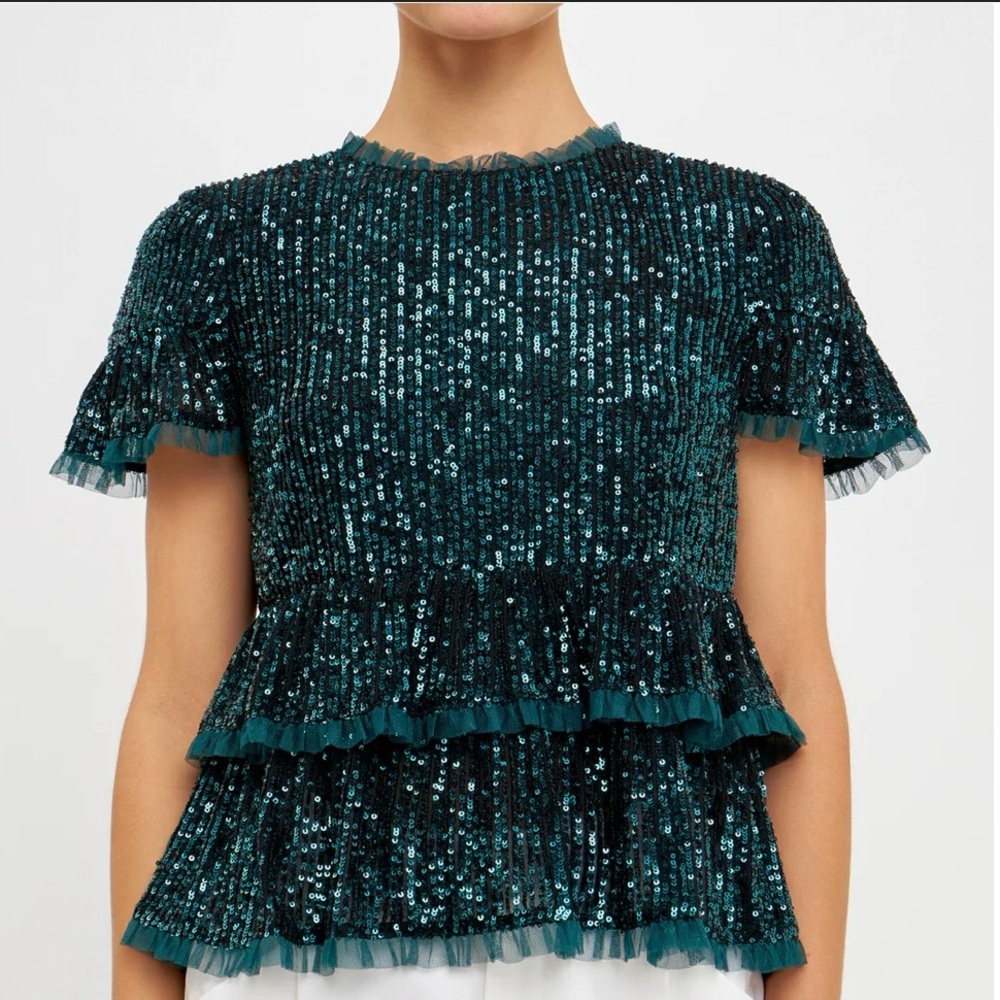 Endless Rose Teal Sequin Layered Blouse/ NEW/size XS